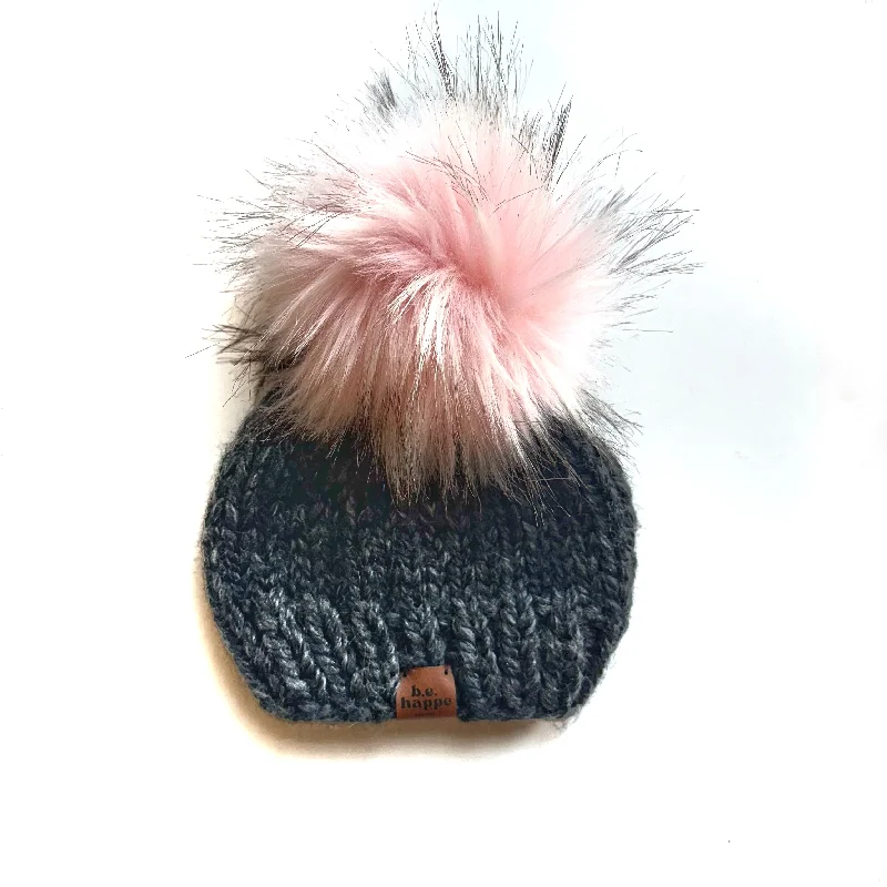 beanies for jogging-  Adult Pom Pom Hat | Charcoal Gray + Light Pink Pom