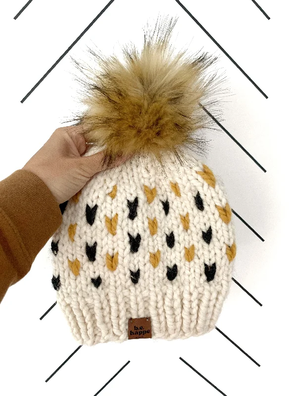 beanies with cable knit-  Adult Happe Hearts | Off White + Black + Mustard