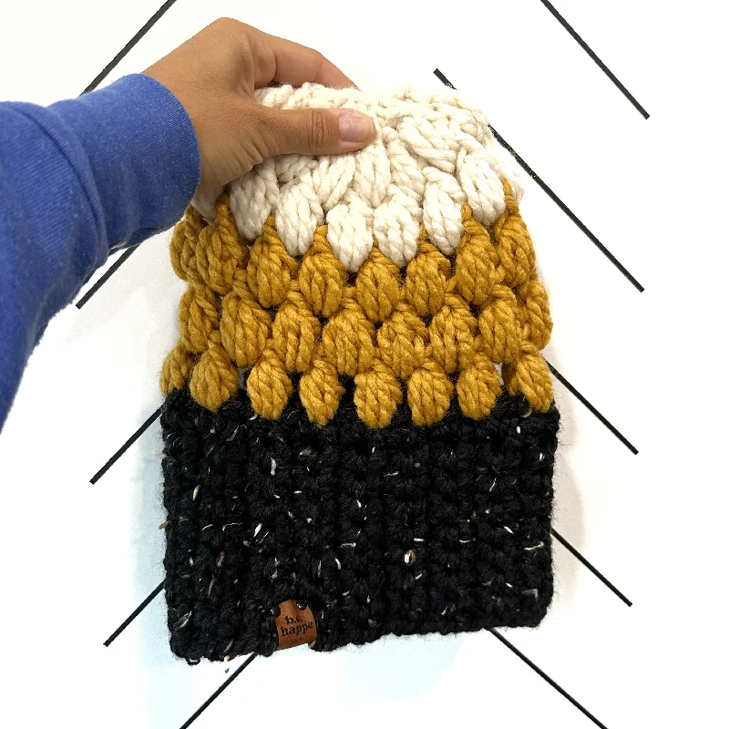 beanies with cozy fit for kids-  Crochet Puff Stitch Slouch Hat | Obsidian Black + Mustard Yellow + Off White