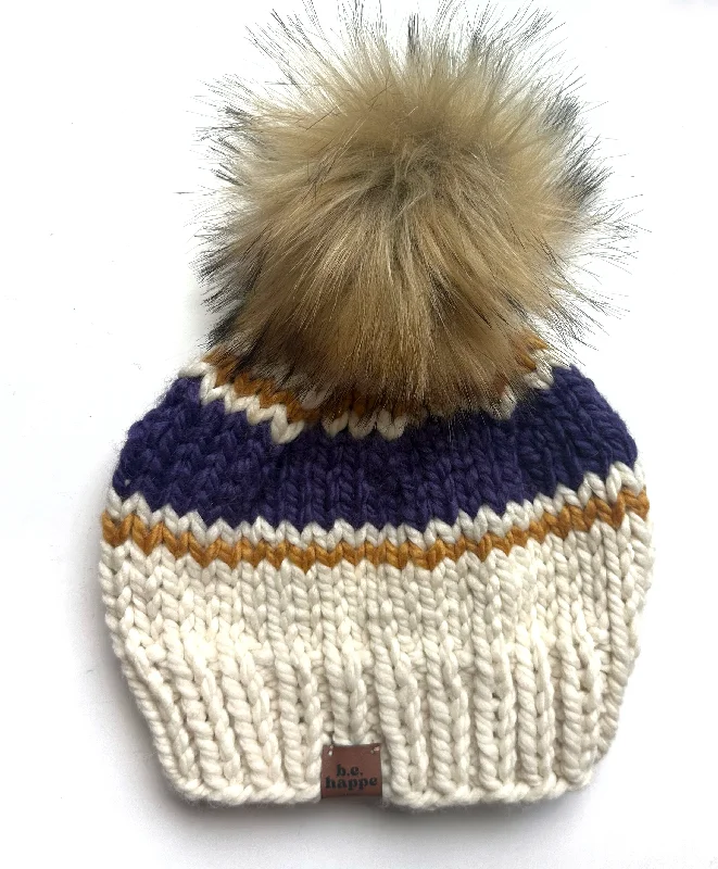 beanies for scenic winter walks-  Wholesale Stripe Knit Pom Hat | Off White + Purple + Mustard Yellow