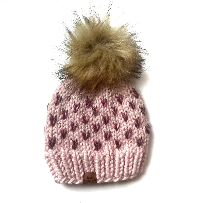 beanies for versatile wear-  Youth Happe Hearts Pom Hat | Light Pink + Pink