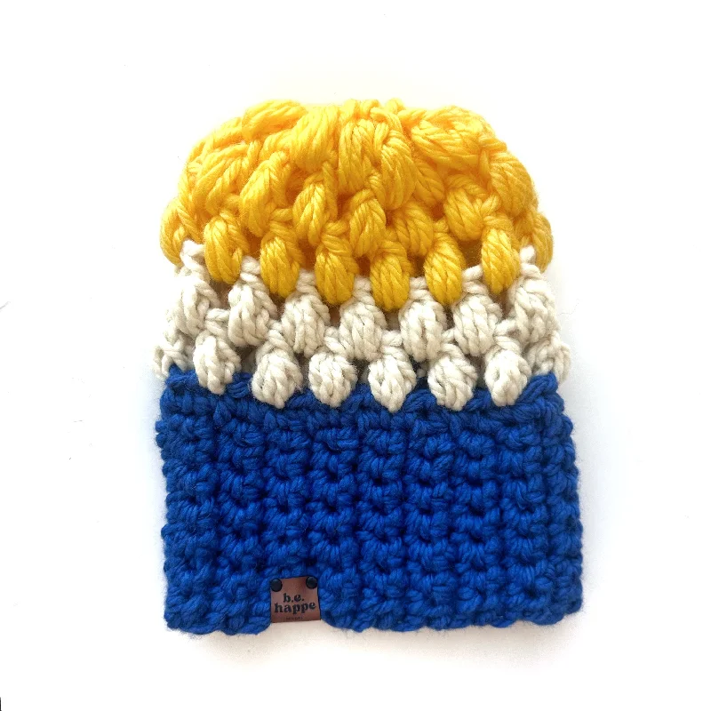 beanies for mountain trekking-  Crochet Puff Stitch Slouch Hat | Royal Blue Gray + Off White + Yellow