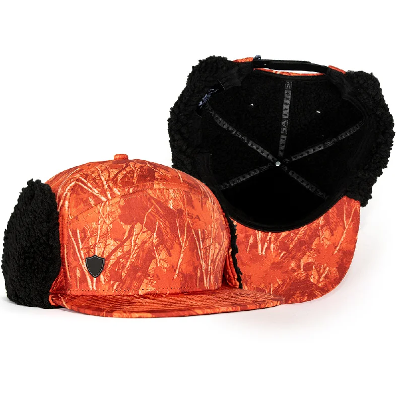 beanies with neutral colors-  Billed Trapper Hat | Hi Vis Orange Forest Camo