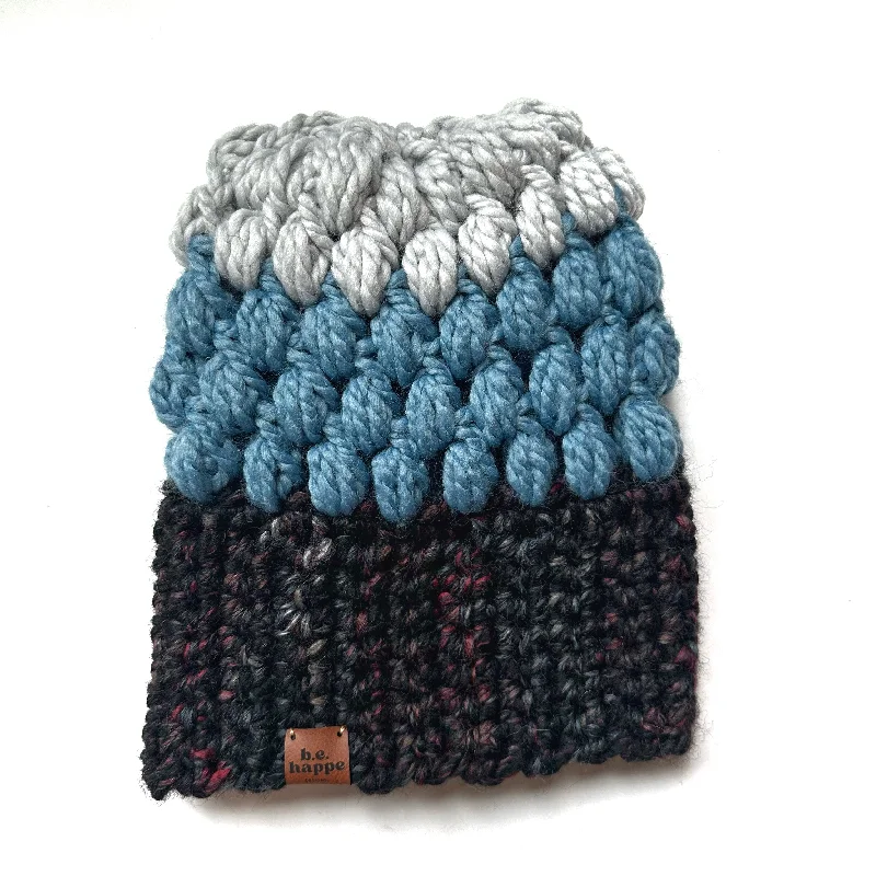 beanies for beach trips-  Crochet Puff Stitch Slouch Hat | Black Speckle + Blue + Gray