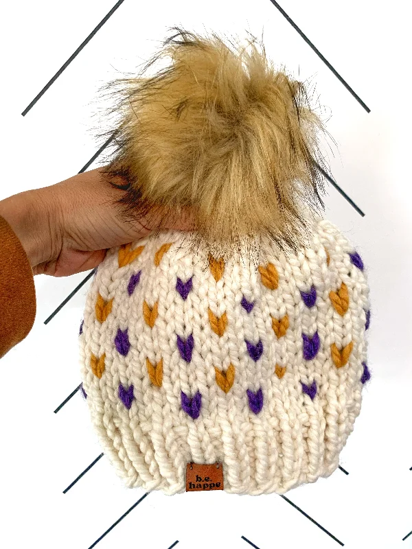 beanies with thermal protection-  Adult Happe Hearts | Off White + Iris Purple + Mustard Blonde Pom