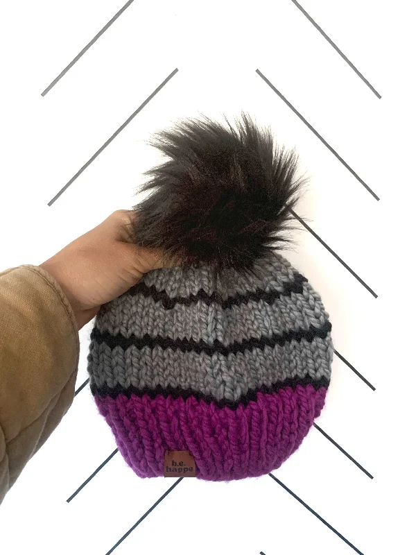 beanies with cool textures-  Adult Striped Knit Pom Hat | Lollipop + Slate Gray