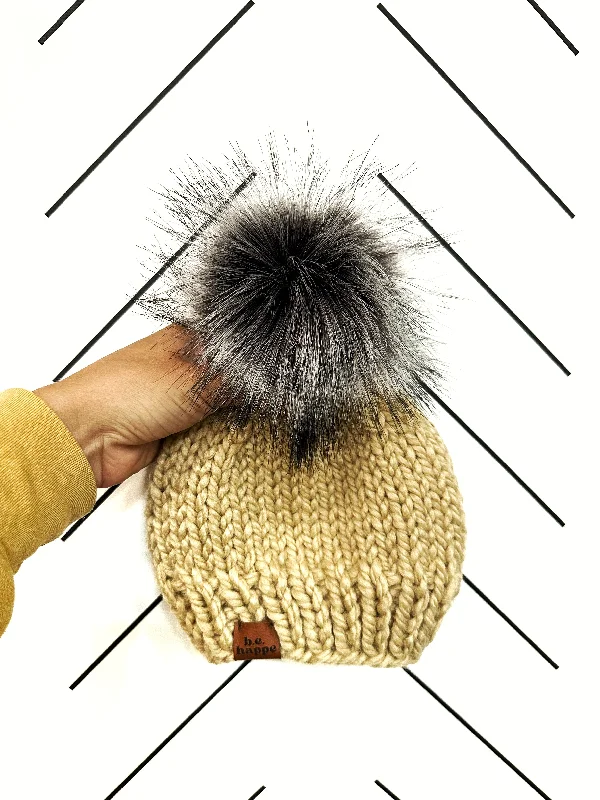 beanies with moisture-wicking properties-  3-6 month Baby Solid Knit Pom Hat | Peanut Brown