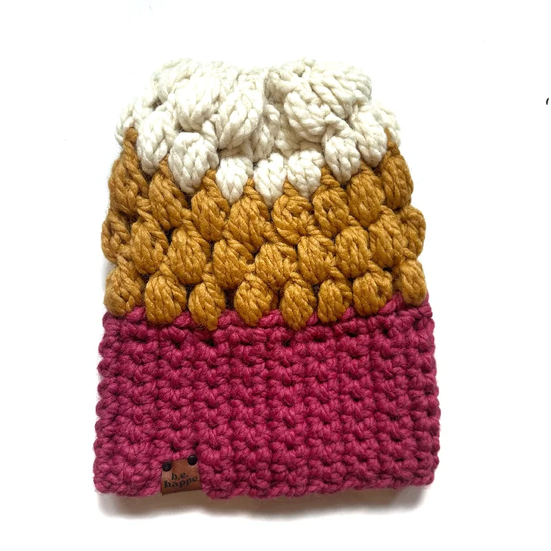 beanies for sports enthusiasts-  Crochet Puff Stitch Slouch Hat | Pink + Mustard + Cream