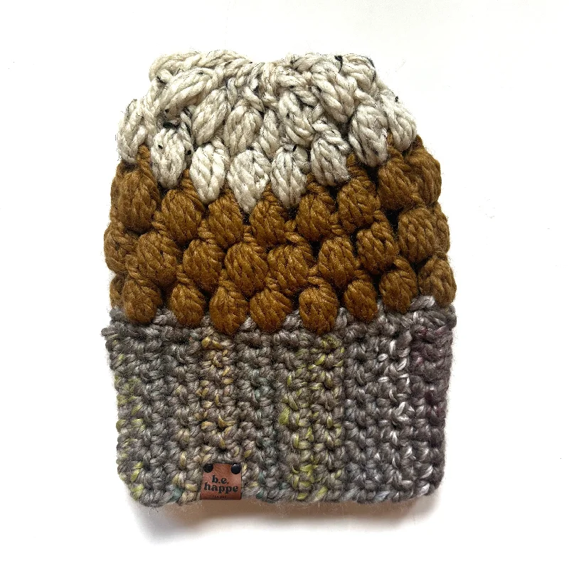 beanies for outdoor sports-  Crochet Puff Stitch Slouch Hat | Tan + Gold + Oatmeal