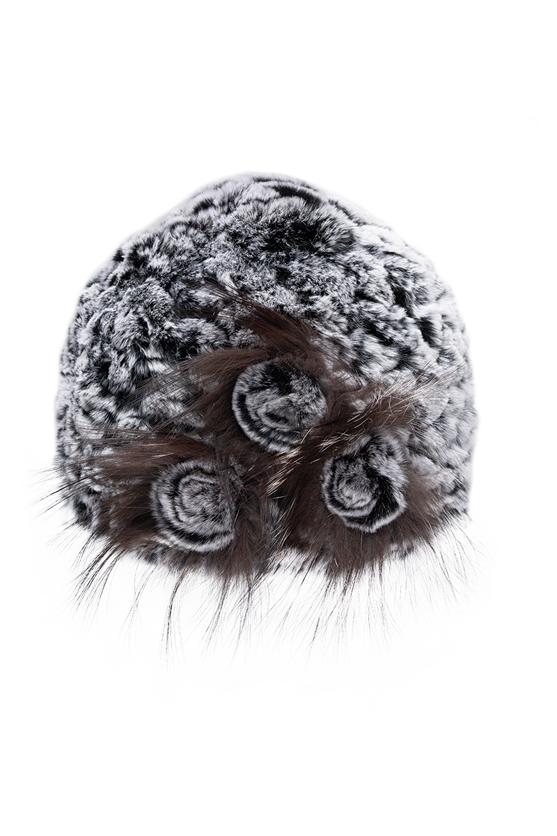 merino wool beanies-  Knitted Rex Rabbit Fur Hat-Flower Detail