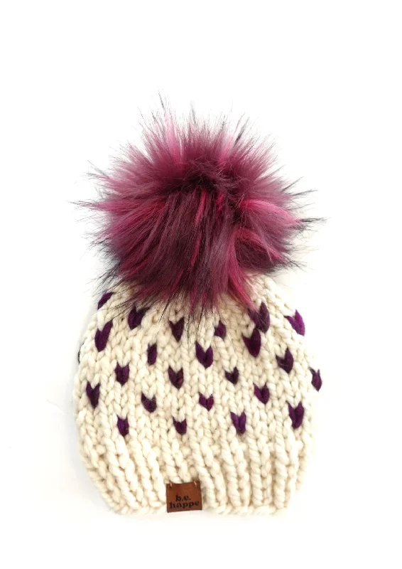 beanies for kids with pompom-  0-3 month Baby Happe Hearts | Off White + Deep Purple