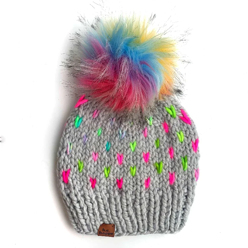 beanies with cozy wool for winter-  Adult Knit Heart Pom Hat | Thaw Gray Rainbow