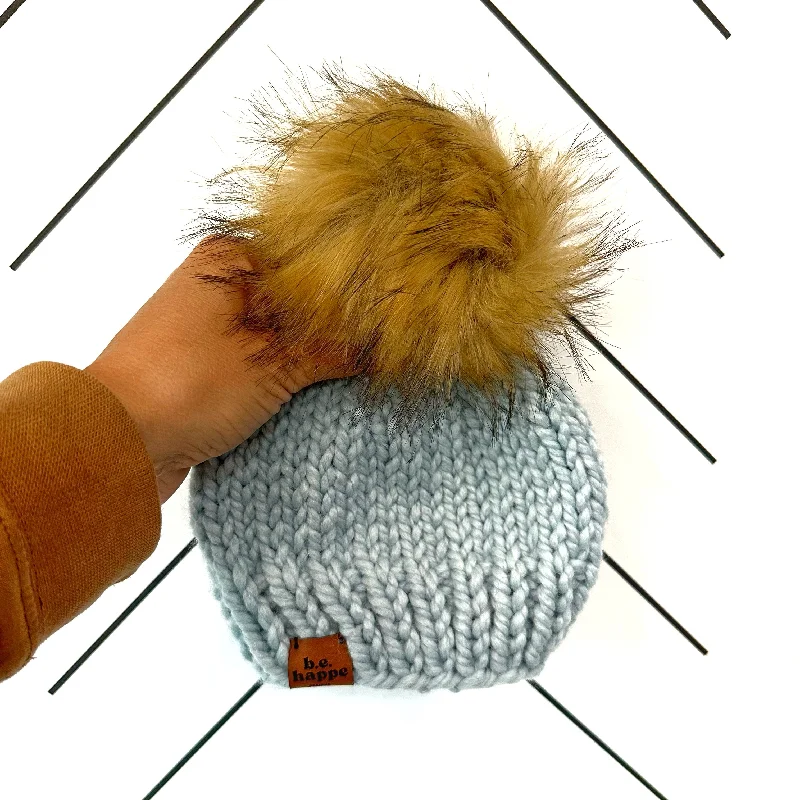 beanies with pompom for women-  6-12 month Baby Knit Pom Hat | Baby Blue Beanie