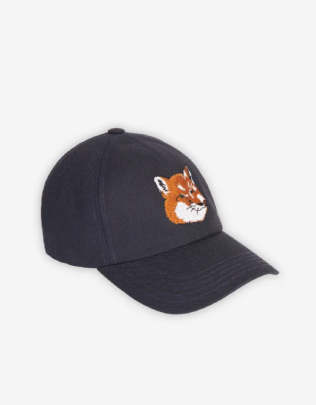 beanies with different textures-  UNISEX LARGE FOX HEAD EMBROIDERY 6P CAP NAVY