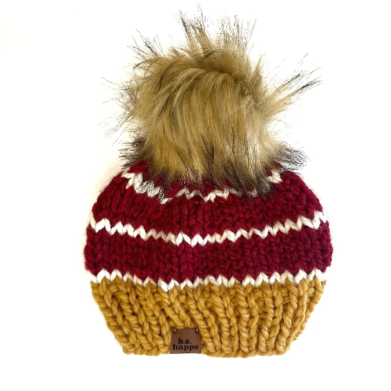 beanies with thin knit-  Toddler Stripe Knit Pom Pom Hat | Mustard Yellow  + Red