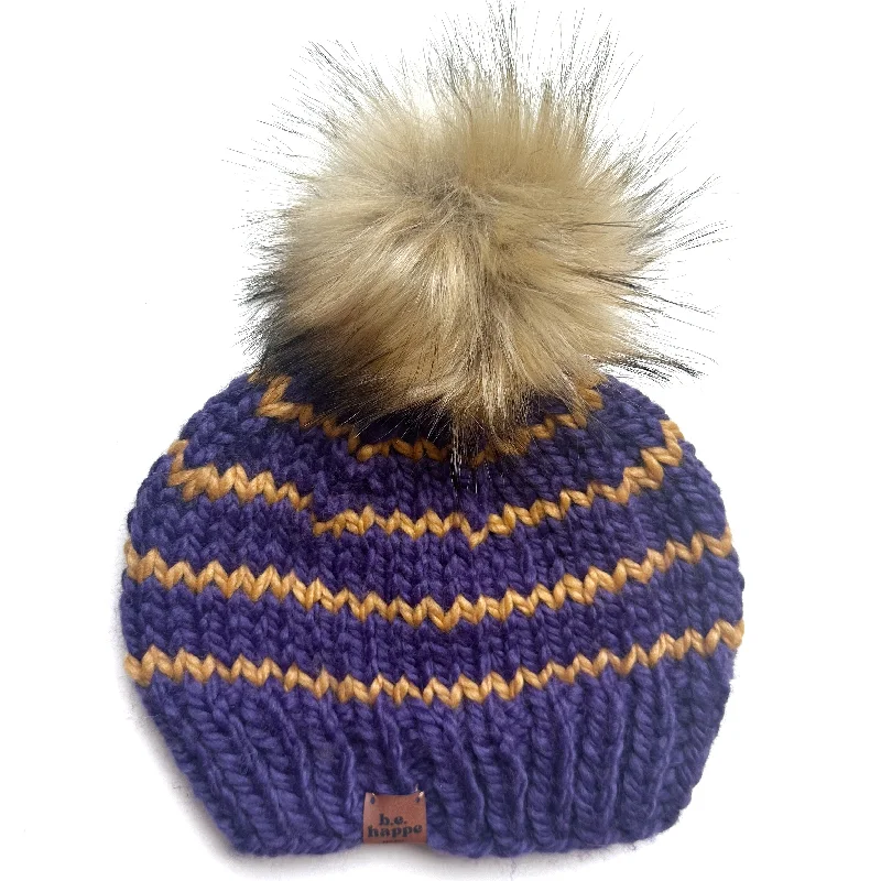 beanies for a cozy look-  Adult Stripe Knit Hat | Purple + Mustard Yellow