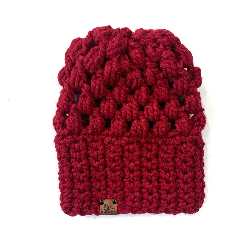 beanies for women with pompom-  Crochet Puff Stitch Slouch Hat | Cranberry Red