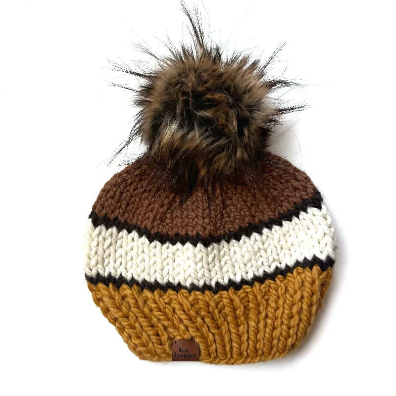 beanies for mountain excursions-  Adult Stripe Knit Pom Hat | Mustard Yellow + Brown