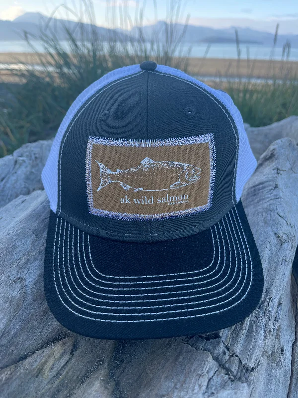 beanies for family gatherings-  Slate / Black / White AK Wild Salmon Patch Hat. $38.00