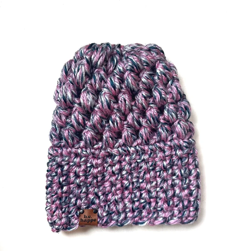 women's knitted berets for cozy vibes-Crochet Puff Stitch Slouch Hat | Wool Free Purple