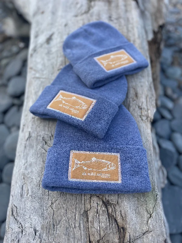 beanies with functional features-  Forget-Me-Not AK Wild Salmon Patch Beanie $38.00