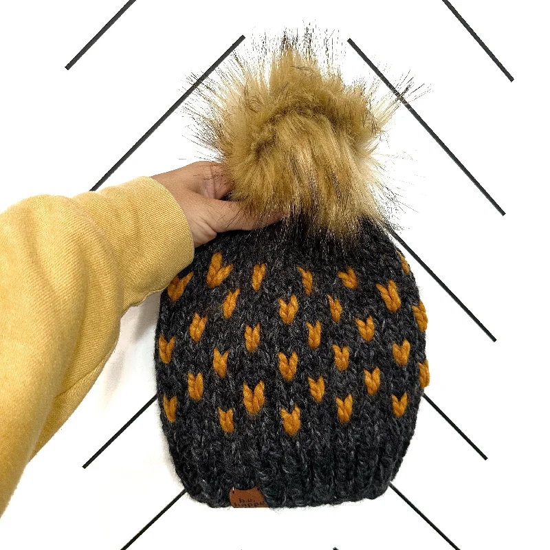 beanies for extreme cold-  6-12 month Baby Knit Happe Hearts Hat | Charcoal Gray + Butterscotch