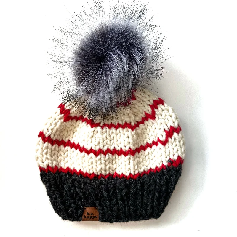 beanies for winter-  Adult Striped Knit Pom Hat | Charcoal Grey + Red