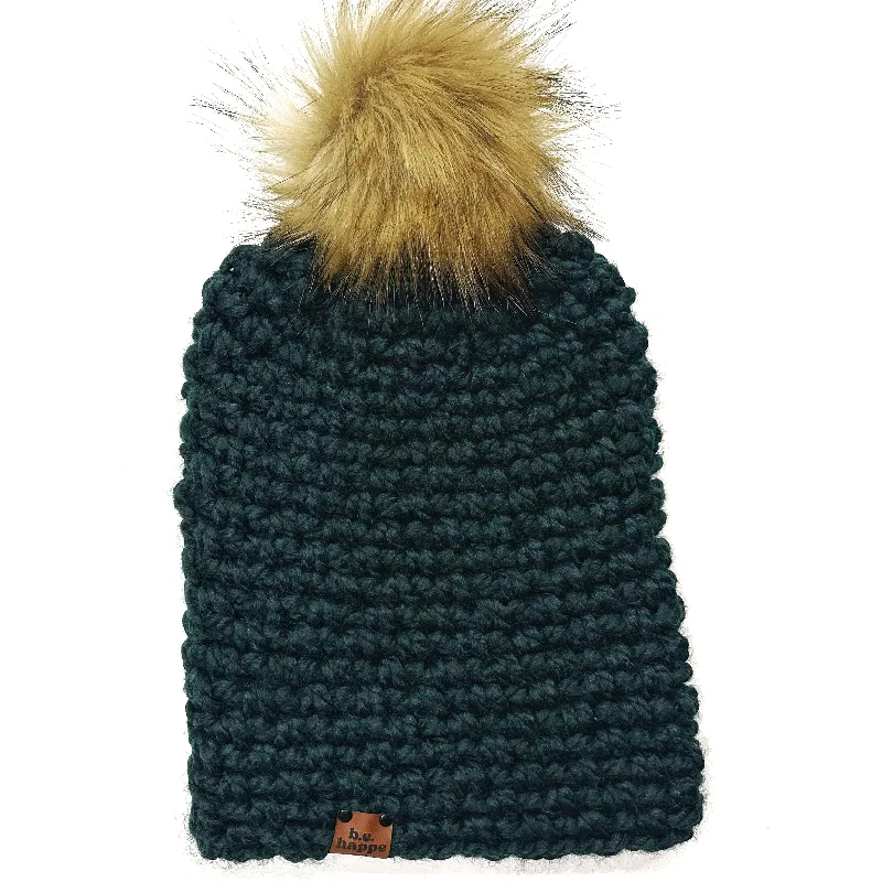 beanies with soft lining-  Crochet Simple Slouch Pom Hat | Dark Green