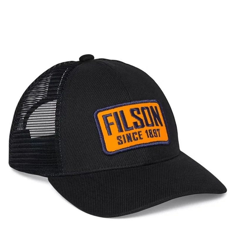 beanies for snowy mountain hikes-  Filson Mesh Snap-back Logger Cap Navy/plate Patch