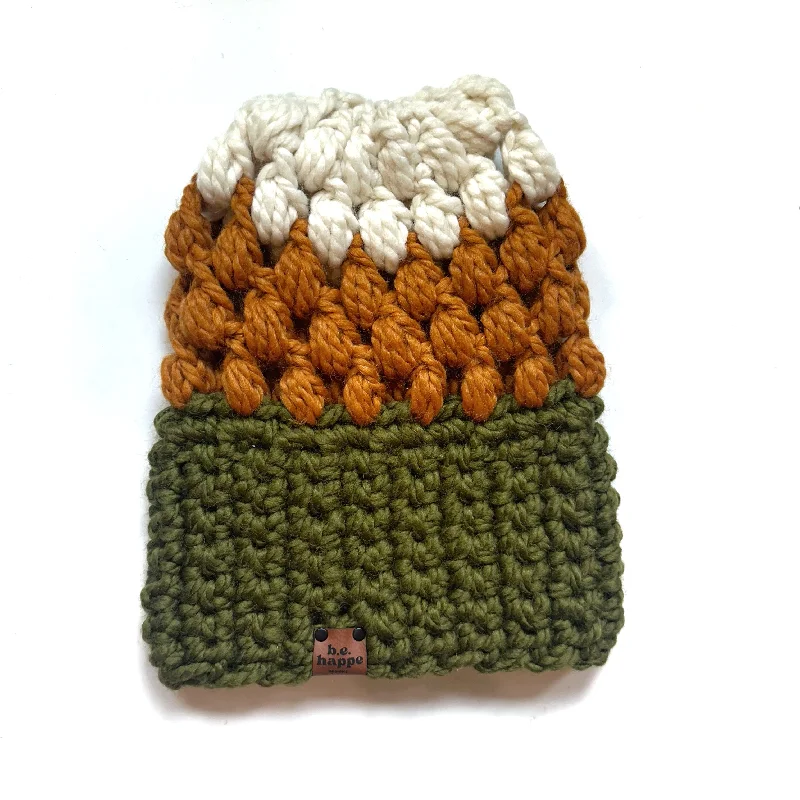 beanies for chilly mornings-  Crochet Puff Stitch Slouch Hat | Green + Butterscotch + Cream