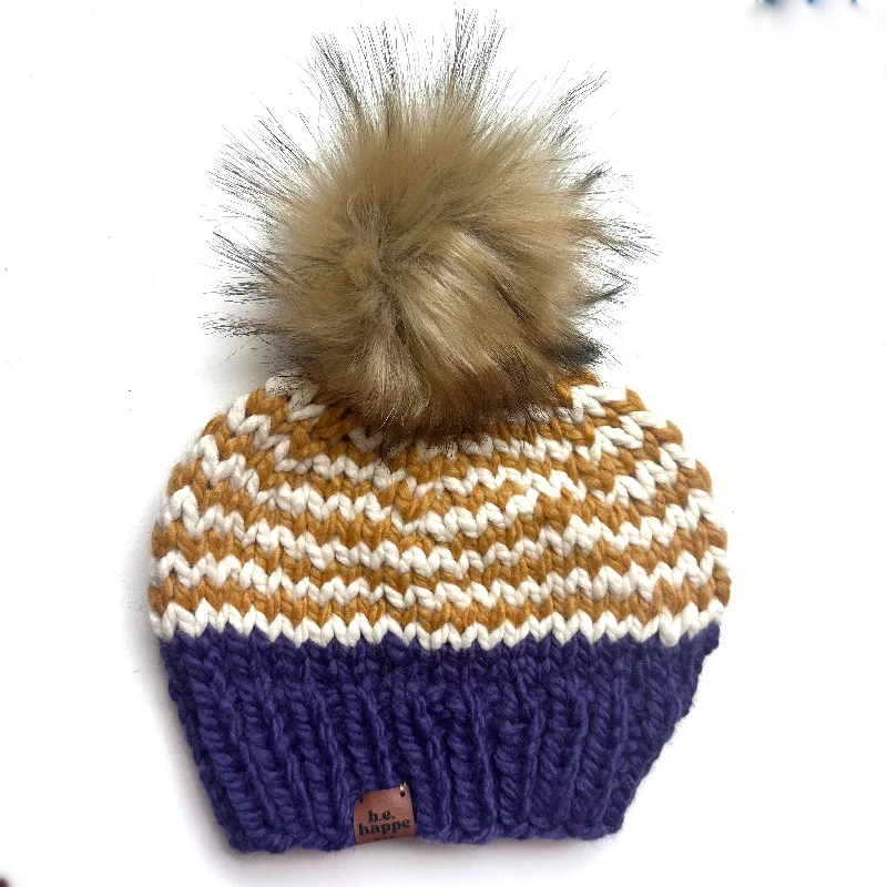 beanies for stylish winter-  Youth Zig Zag Knit Hat | Mustard Yellow + Purple + Off White