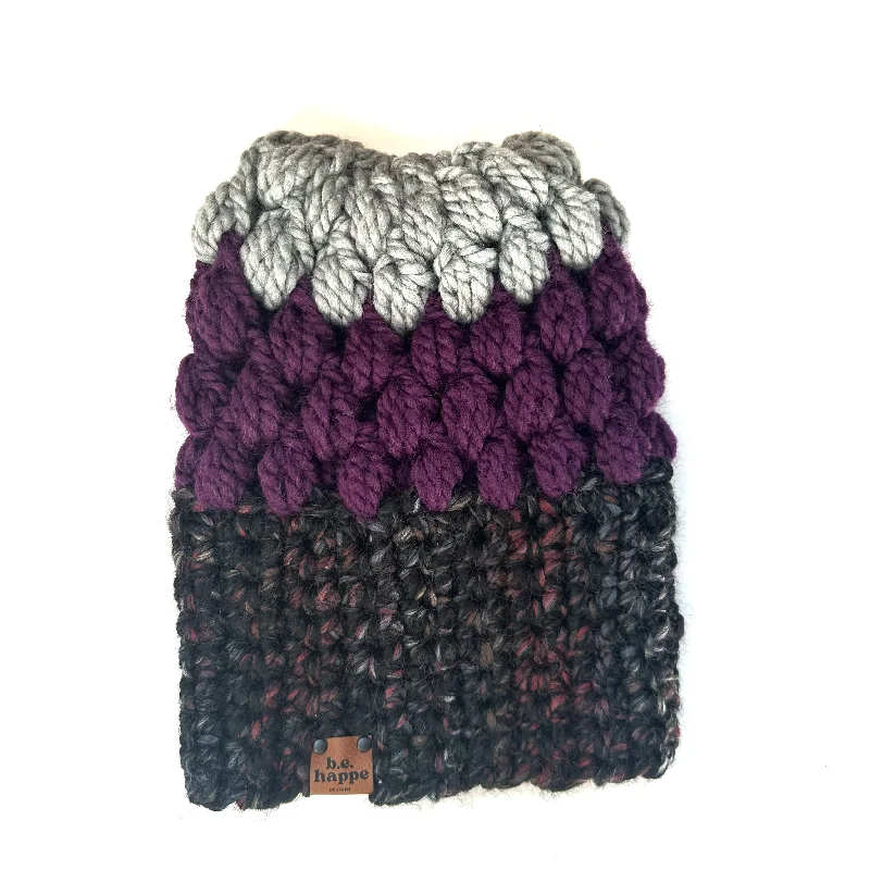 beanies with soft fabric-  Crochet Puff Stitch Slouch Hat | Black + Purple + Gray