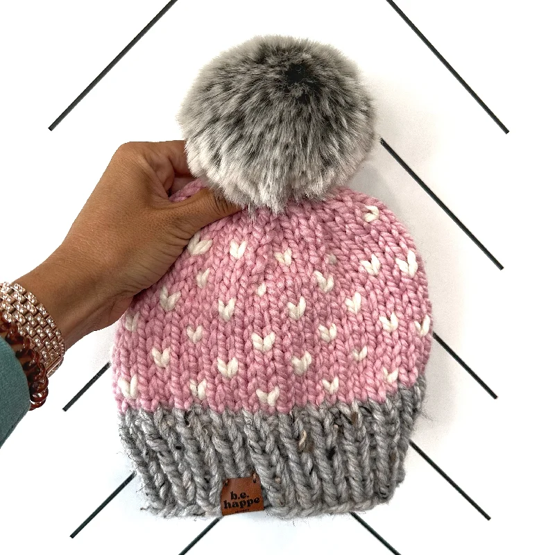 beanies for cold climates-  Adult Happe Hearts Knit Pom Hat | Blossom Pink + Grey + Off White