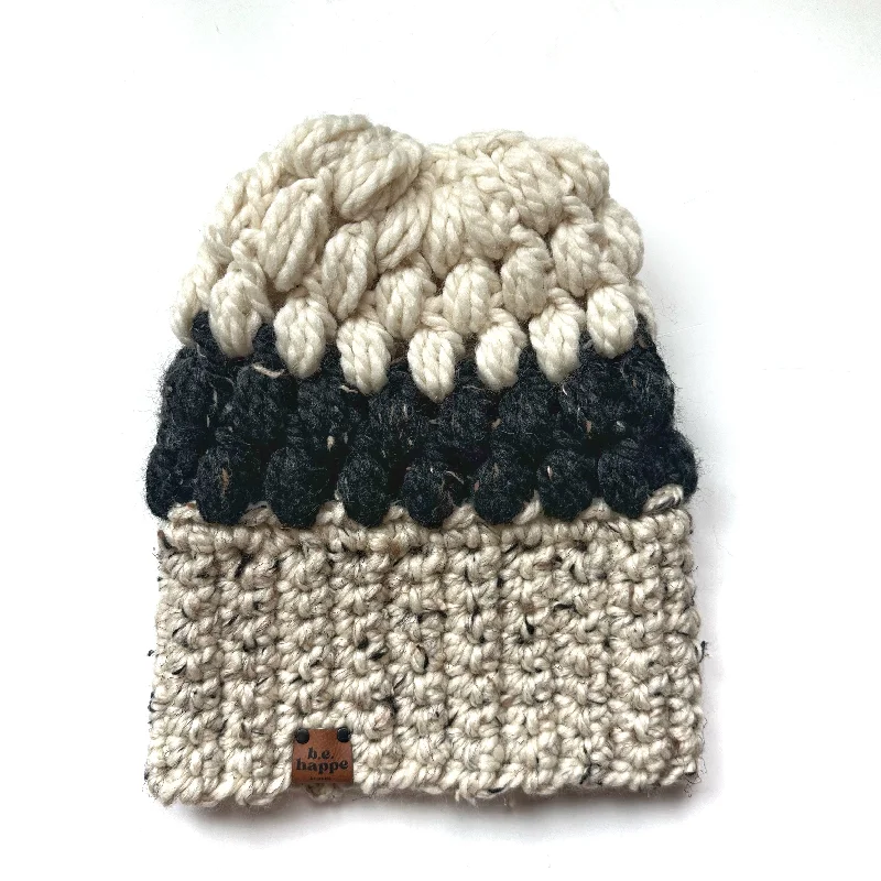 beanies for outdoor work-  Crochet Puff Stitch Slouch Hat | Oatmeal + Black Obsidian + Off White