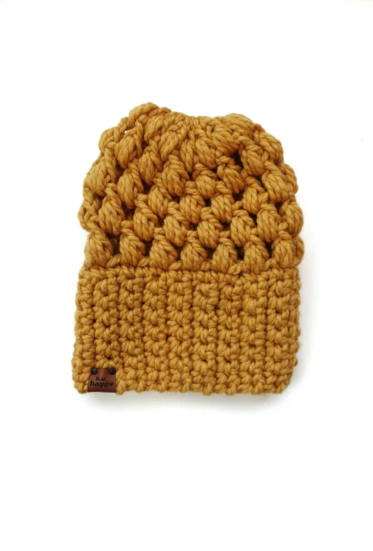 beanies for long hiking days-  Crochet Puff Stitch Slouch Hat | Mustard Yellow