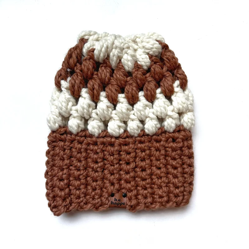 beanies with playful designs-  Crochet Puff Stitch Slouch Hat | Brown + Cream