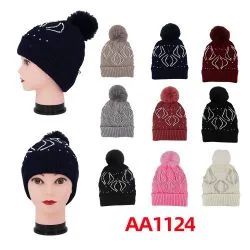 beanies with fur pompom-  Women Winter Cable Knitted Hat Beanies Fur Lining Stone W/Pom AA1124