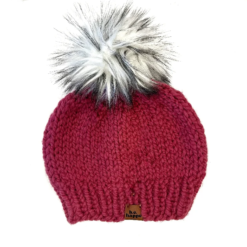 beanies for sports-  Adult Solid Knit Pom Pom Hat | Raspberry Pink