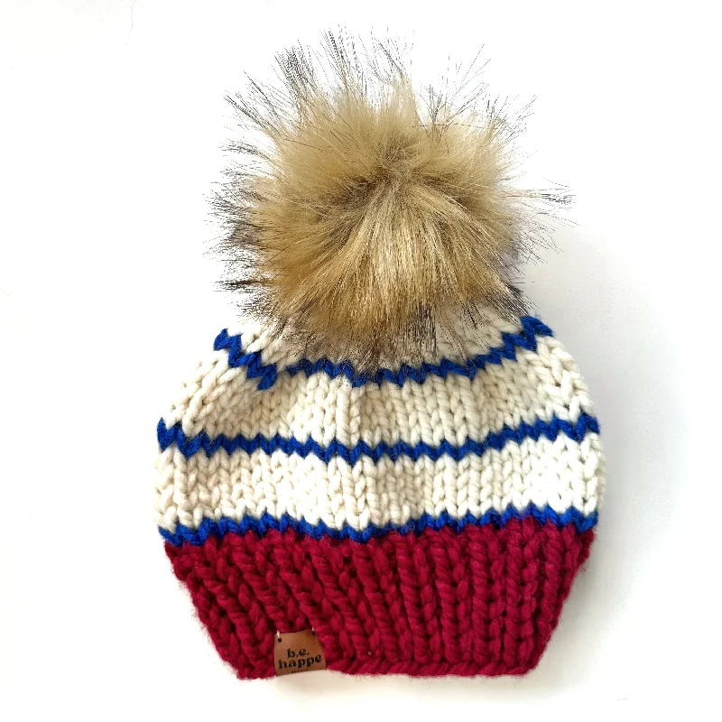 beanies for weekend trips-  Adult Stripe Knit Pom Hat | Red + Royal Blue