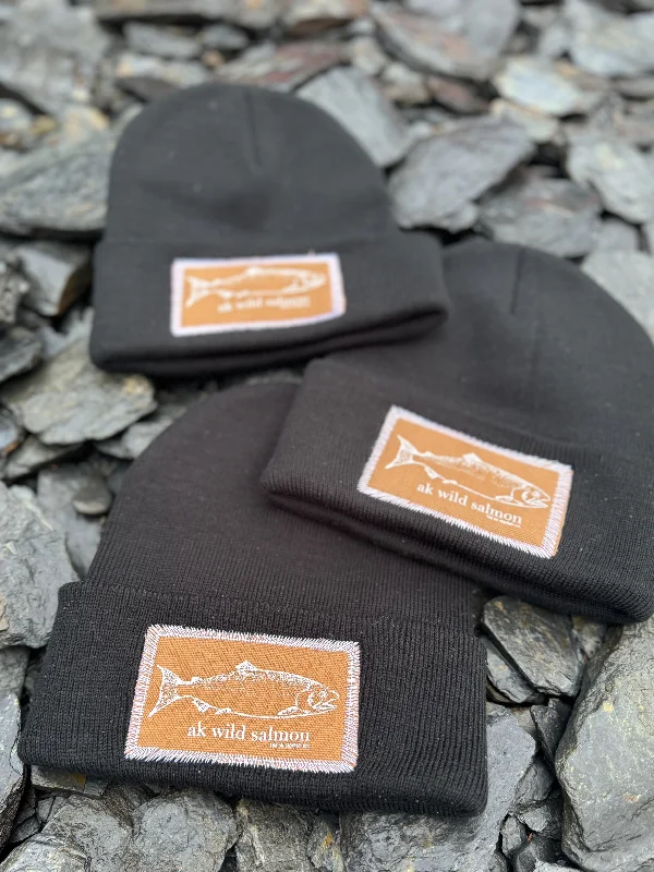 wool beanies-  Black AK Wild Salmon Patch Beanie $38.00