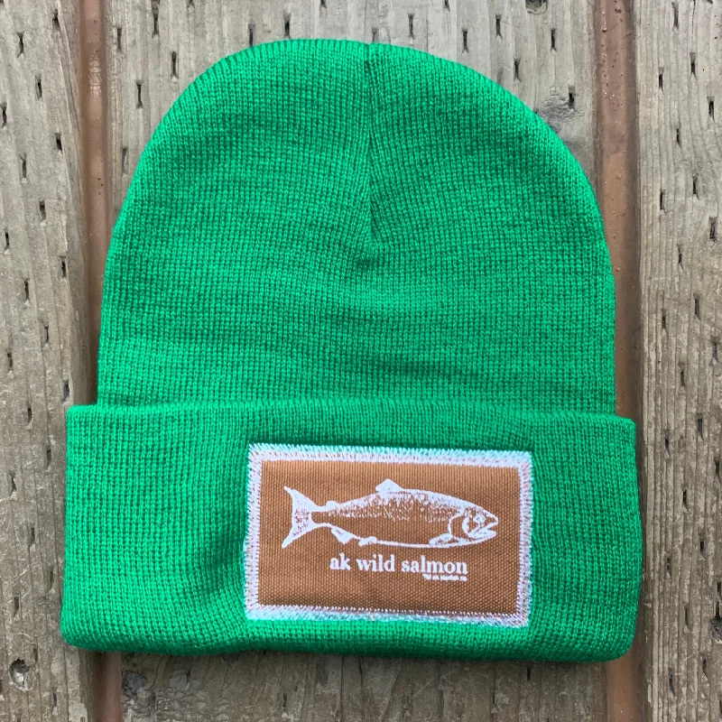 beanies for rugged outdoor activities-  Beach Grass AK Wild Salmon Patch Beanie $38.00