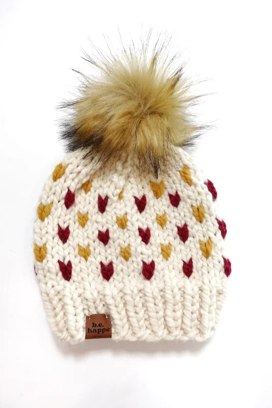 beanies for mountain excursions-  3-6 month Baby Happe Hearts | Off White + Cranberry Red + Mustard Yellow