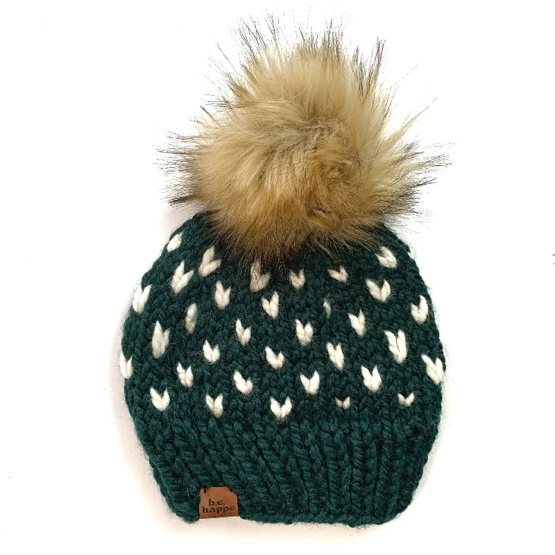 beanies for beach vacations-  0-3 month Hearts Knit Pom Hat | Dark Green + Off White