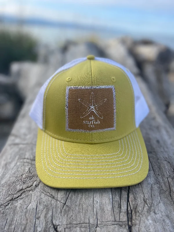 beanies for fall and winter-  Gold / White AK Starfish Co. Patch Hat. $38.00