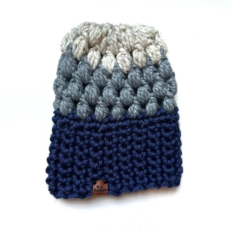 beanies for urban style-  Crochet Puff Stitch Slouch Hat | Blue + Grey + Wheat