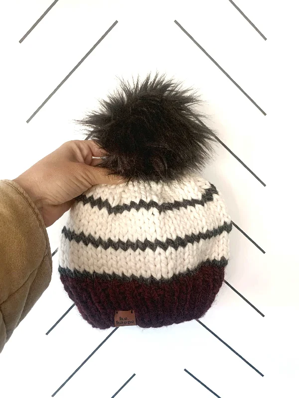 beanies for warm weather-  0-3 month Baby Striped Knit Pom Hat | Maroon + Charcoal Gray