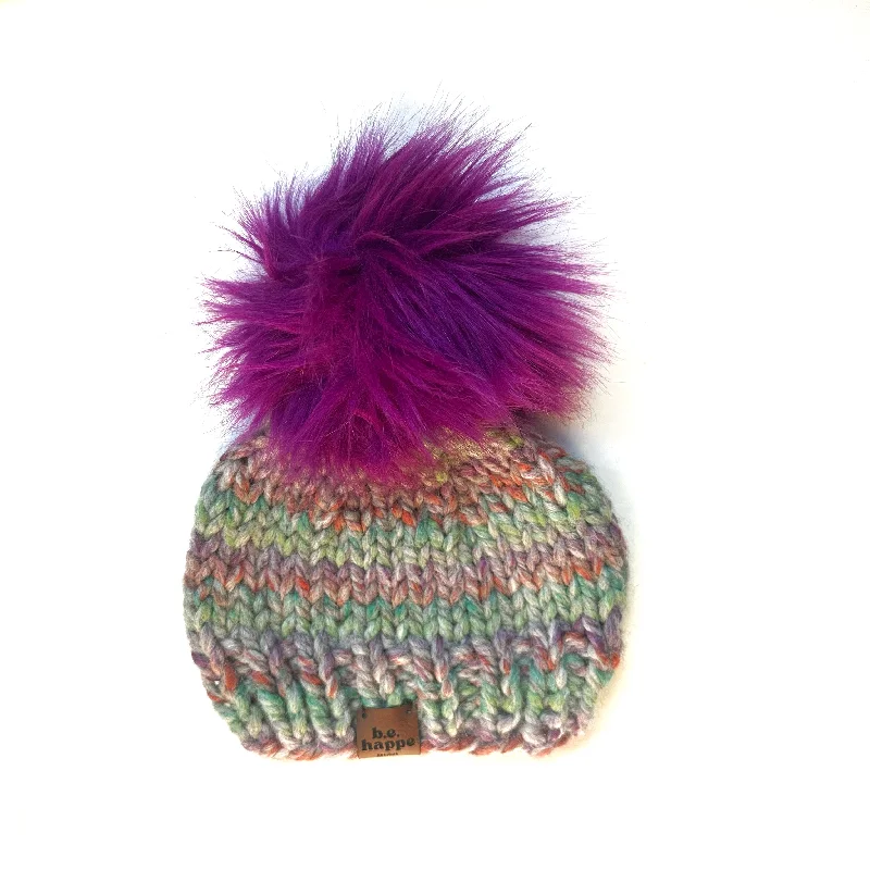 beanies for hiking and camping-  0-3 month Baby Knit Pom Hat | Variegated Purple Beanie