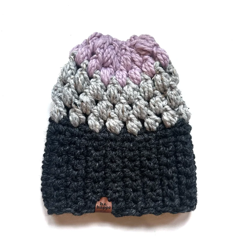 beanies for cold winter nights-  Crochet Puff Stitch Slouch Hat | Grey + Purple Color Block