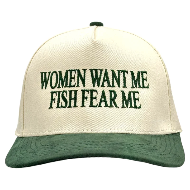 wool hats for warmth during winter hiking-womens trendy hats with fun designs-Women want me Fish fear me Green suede embroidered snapback hat