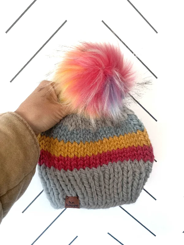 beanies with breathable material-  Youth Striped Knit Pom Pom Hat | Gray Rainbow